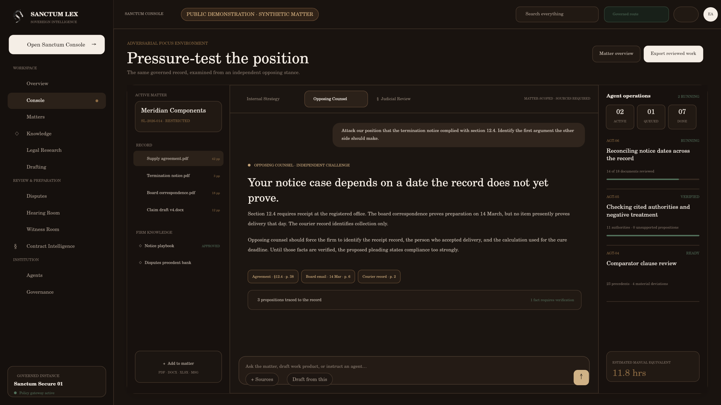 Sanctum Lex adversarial review interface for opposing counsel and judicial review.
